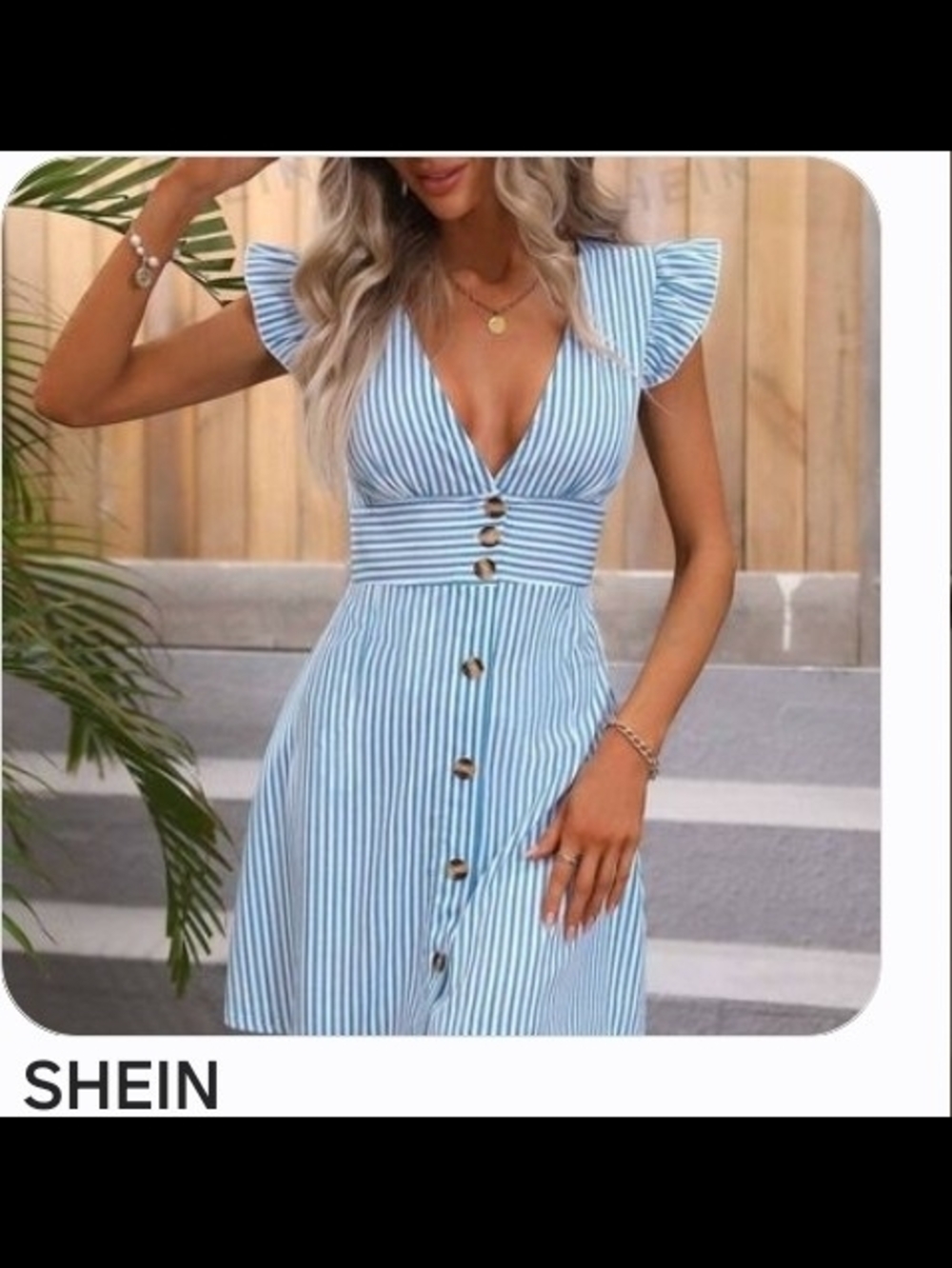 SHEIN Light Blue & White Striped V-Neck Button Midi Dress
